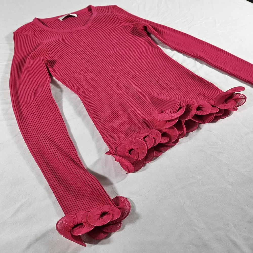 Milly Pink Ribbed Ruffle Cuff Blouse - Picture 3 of 5